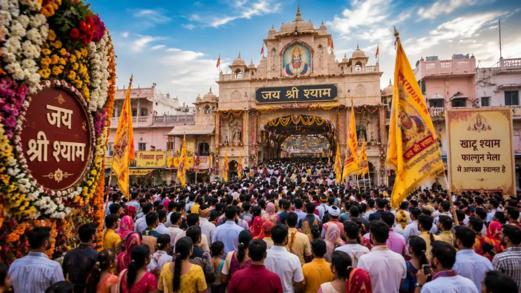 Devotees gathered at Khatu Shyam Temple during the Falgun Mela festival for darshan in Rajasthan